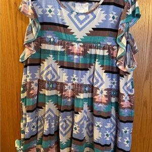 Aztec Print Ruffle Sleeve Babydoll top